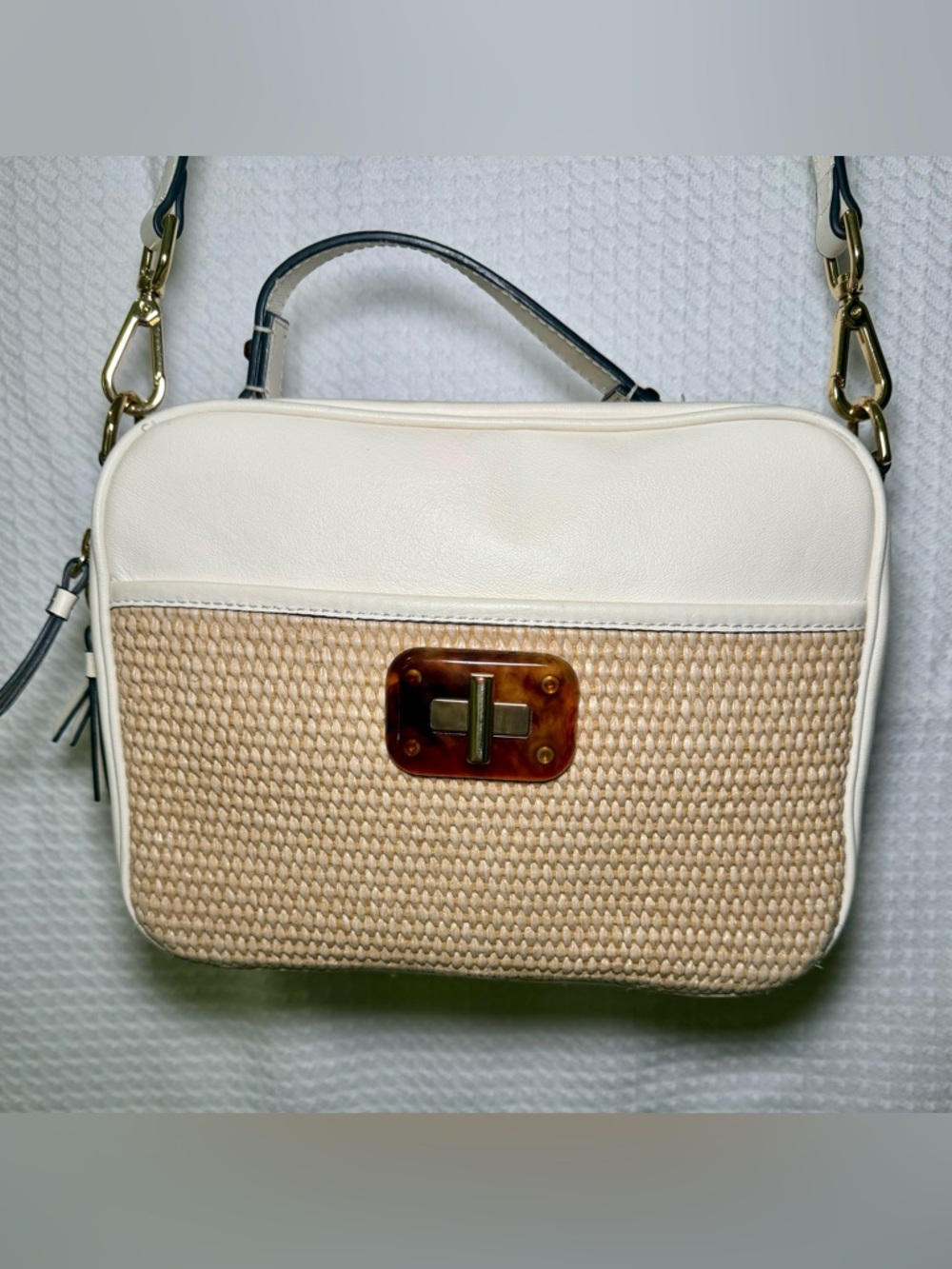 LDT Jill Leather & Straw Lunchbox Crossbody Bag EUC